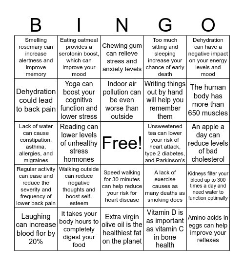 Health Facts Bingo Card