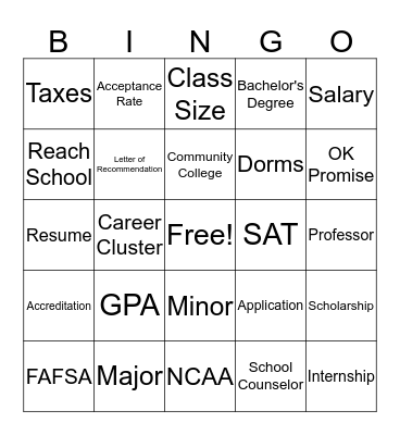 Family Night College Term Bingo Card