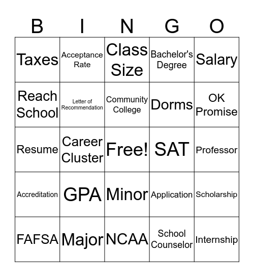 Family Night College Term Bingo Card