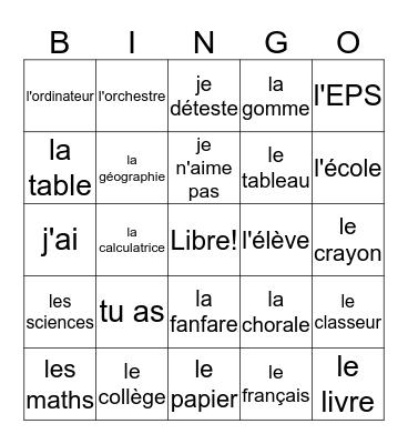 l'école Bingo Card