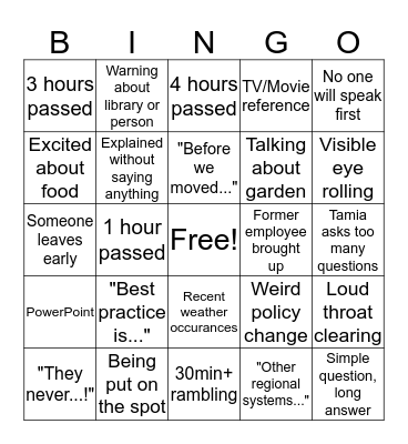 Staff Meeting Bingo Card