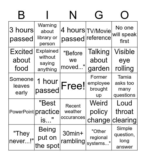 Staff Meeting Bingo Card