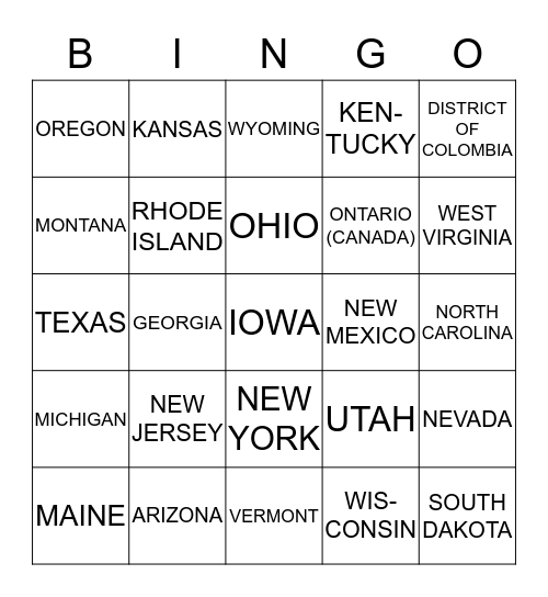 License Plate Bingo Card