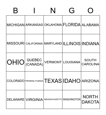 License Plate Bingo Card