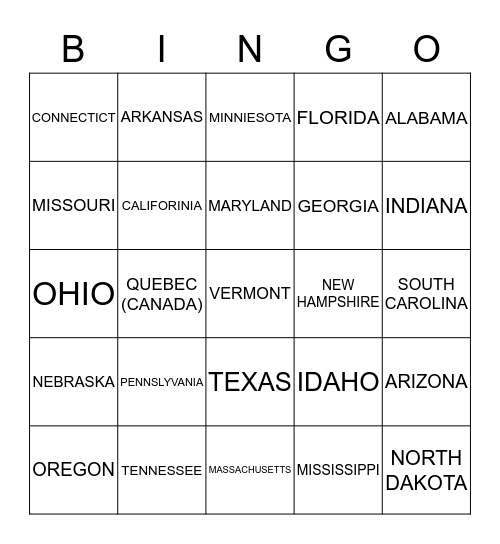 License Plate Bingo Card