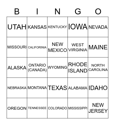 License Plate Bingo Card