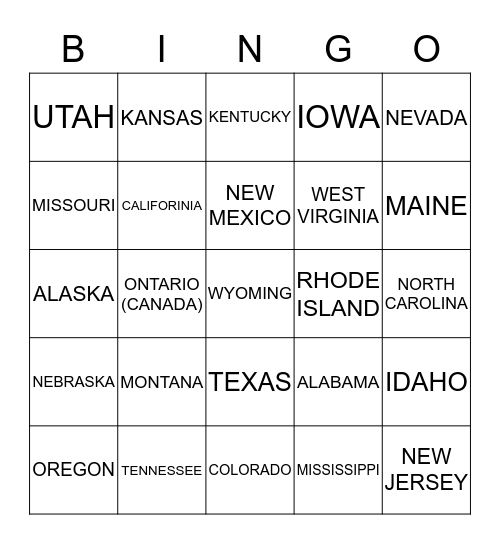 License Plate Bingo Card