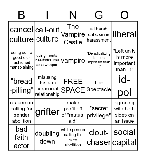 BreadTube Bingo Card