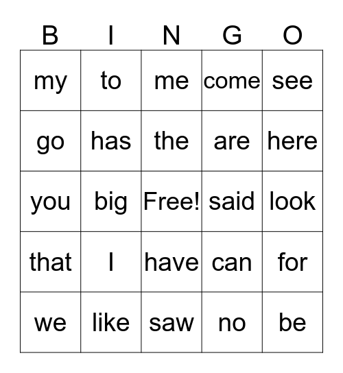 sight word bingo Card