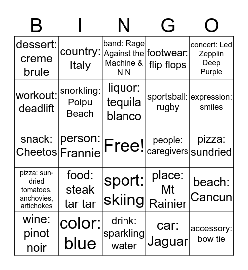 Marc's Favorite Things Bingo Card