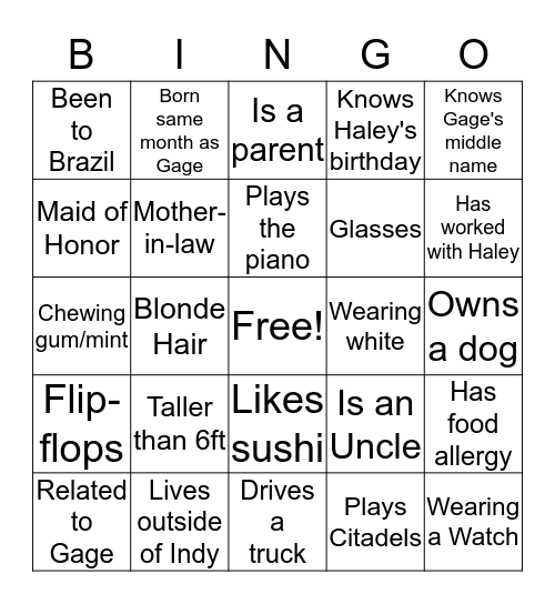 Guest Bingo Card