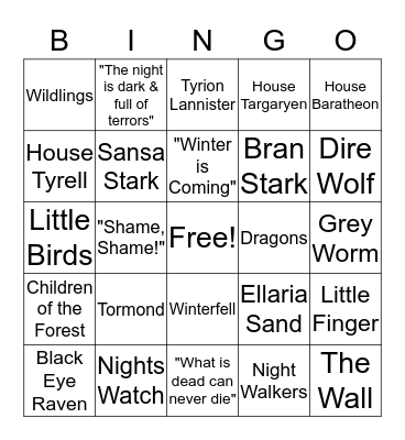 GAME OF THRONES Bingo Card