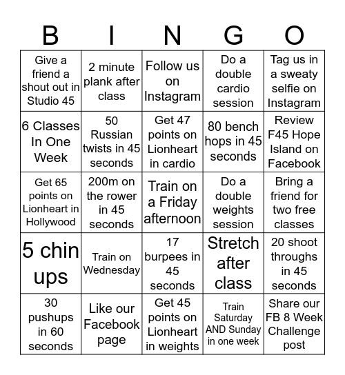 F45 Hope Island Bingo Card