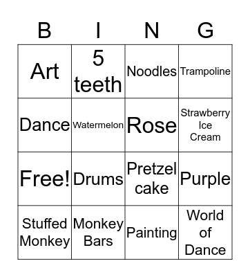 Addie's 7th Birthday Bingo Card
