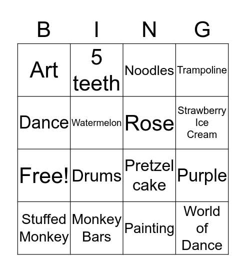 Addie's 7th Birthday Bingo Card