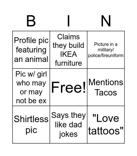 Tinder Bingo Card