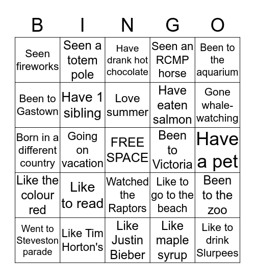 HAPPY BIRTHDAY CANADA Bingo Card