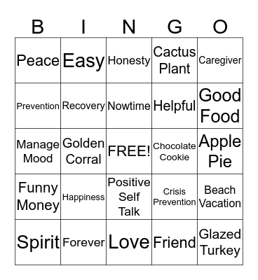 Mental Health Recovery Bingo Card