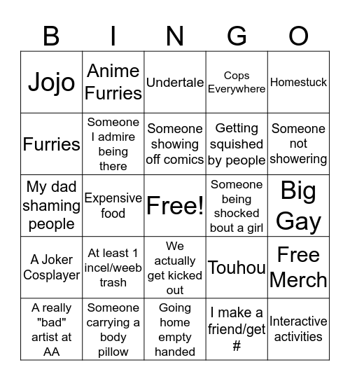 Roxie's First Anime COn Bingo Card