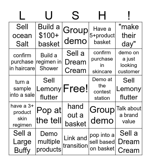 Lush bingo Lingo Bingo Card
