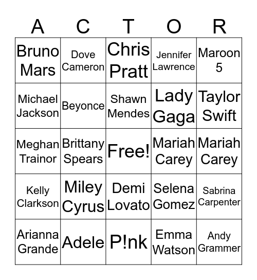 Popstar Bingo Card