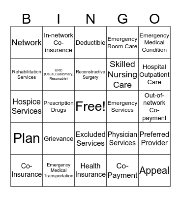 Medical Insurance Terminology Bingo Card