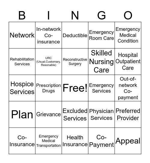 Medical Insurance Terminology Bingo Card