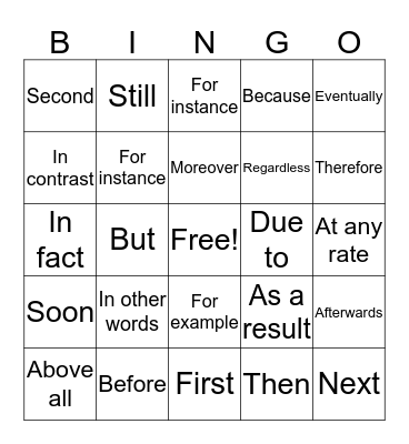 Transition Word Bingo Card