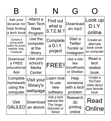 Winder Teen Tech Bingo Card