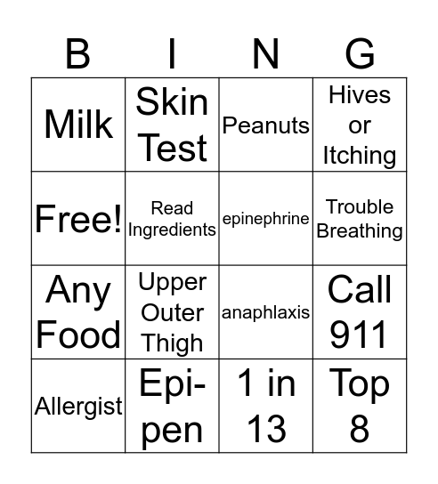 Food Allergies Bingo Card