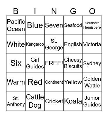 World Thinking Day - Australia Bingo Card
