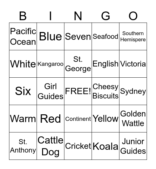 World Thinking Day - Australia Bingo Card