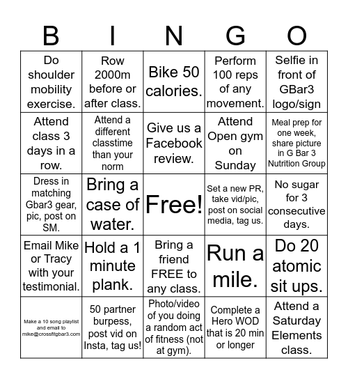 CrossFit G Bar 3 BINGO Card