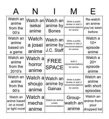 AP's Anime Bingo Challenge Bingo Card