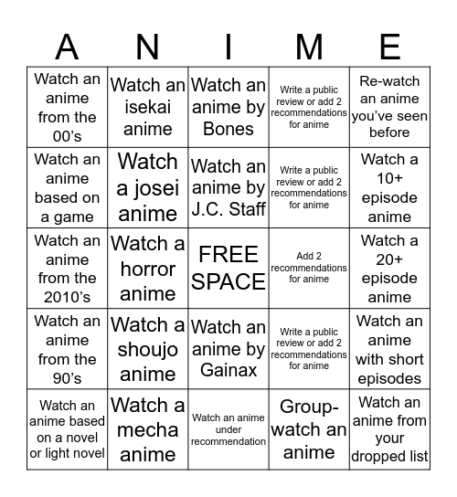 AP's Anime Bingo Challenge Bingo Card