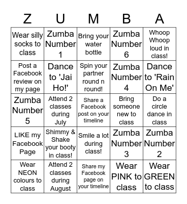 ZUMBA Fitness With Joanne BINGO @ Hunton Bingo Card