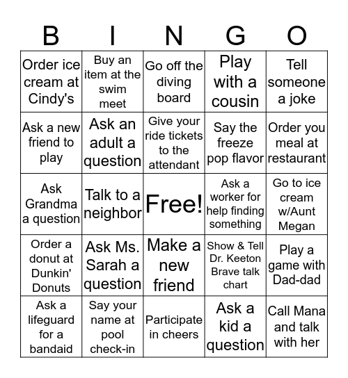 Kate's Summer Bingo Card