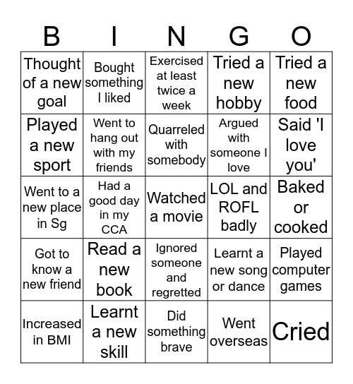 Things I have done during June Holidays Bingo Card