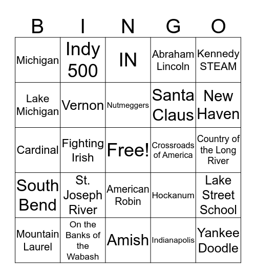 Indiana & Connecticut Facts Bingo Card