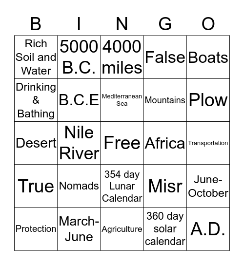 Ancient Egypt Bingo Card