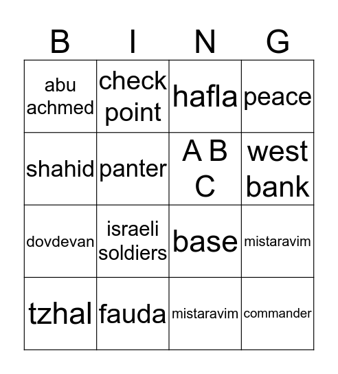 inside of israel Bingo Card