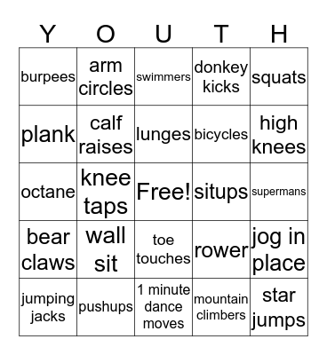 Youth Fitness Bingo Card