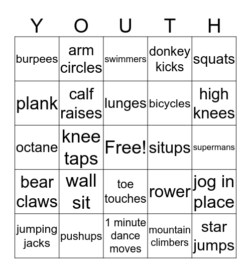 Youth Fitness Bingo Card