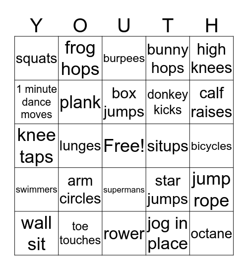 Youth Fitness Bingo Card
