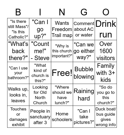 Freedom Trail Bingo Card