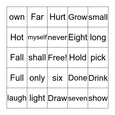 Sight word Bingo  Bingo Card