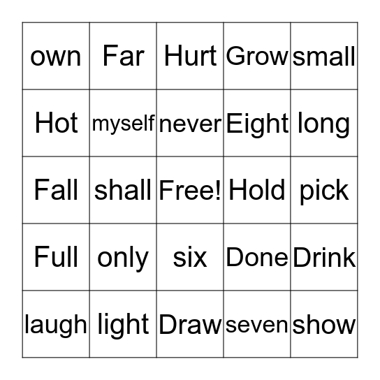 Sight word Bingo  Bingo Card