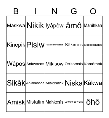 Nehinuw Animals  Bingo Card