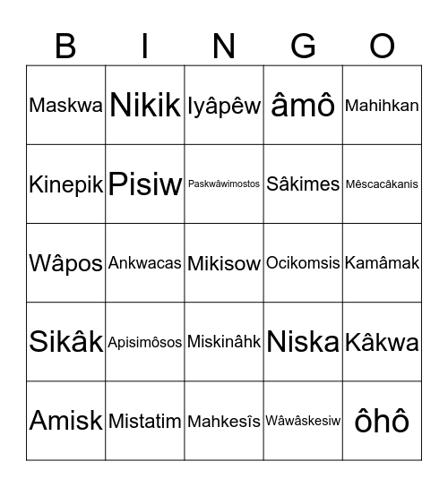 Nehinuw Animals  Bingo Card