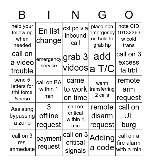 Bay Alarm Bingo  Bingo Card